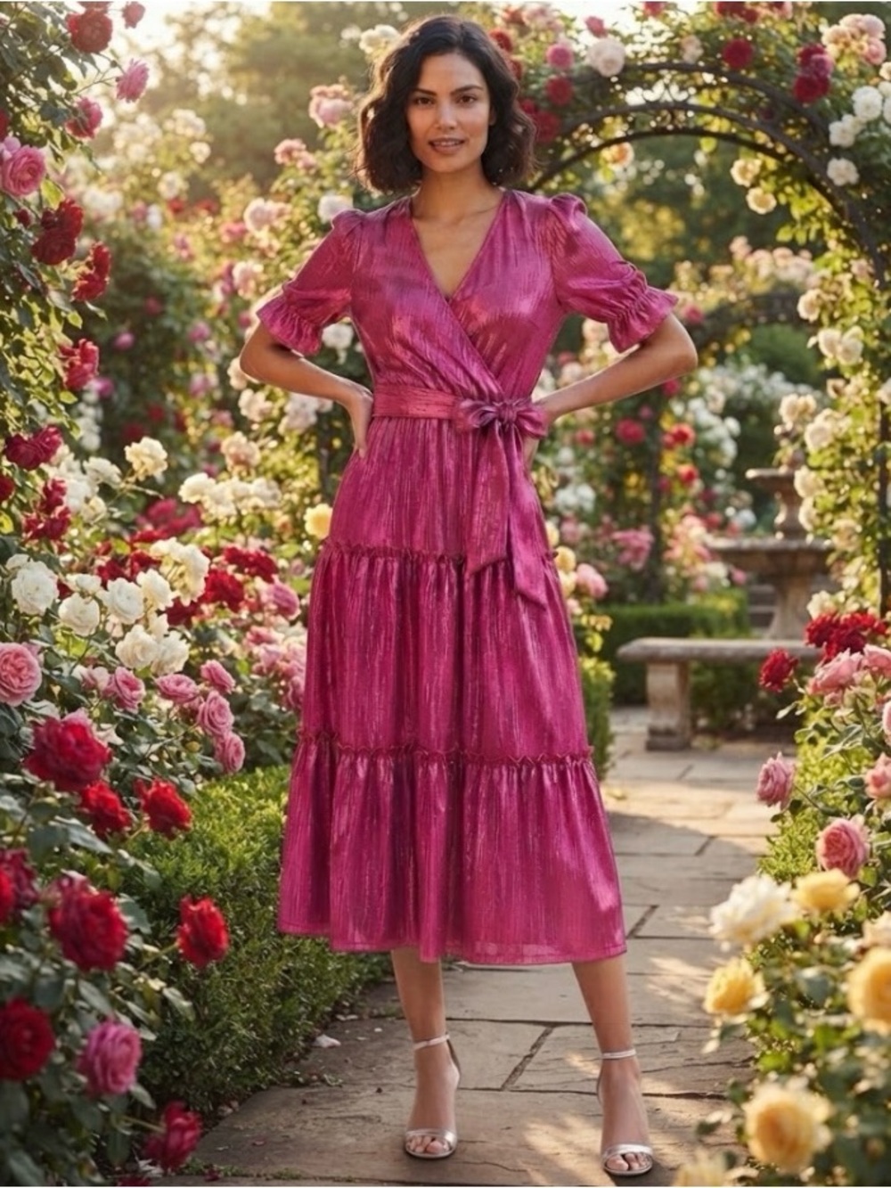 NWT Ivy City Co Millie Metallic Fuchsia Pink Faux Wrap Tiered MIDI Size Small